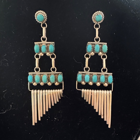 Jewelry - Vintage  Zuni Turquoise  Dangle Boho Earrings Silver-signed